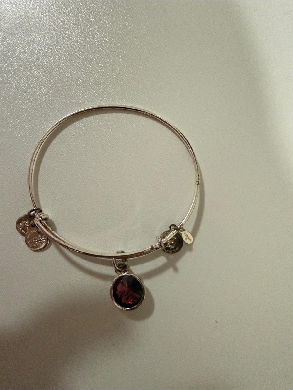 Alex and Ani Silver Bangle with Dark Purple Gem Charm